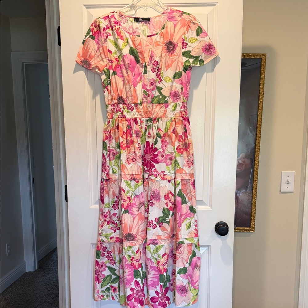 Floral Tiered Midi Dress in Pink and Peach